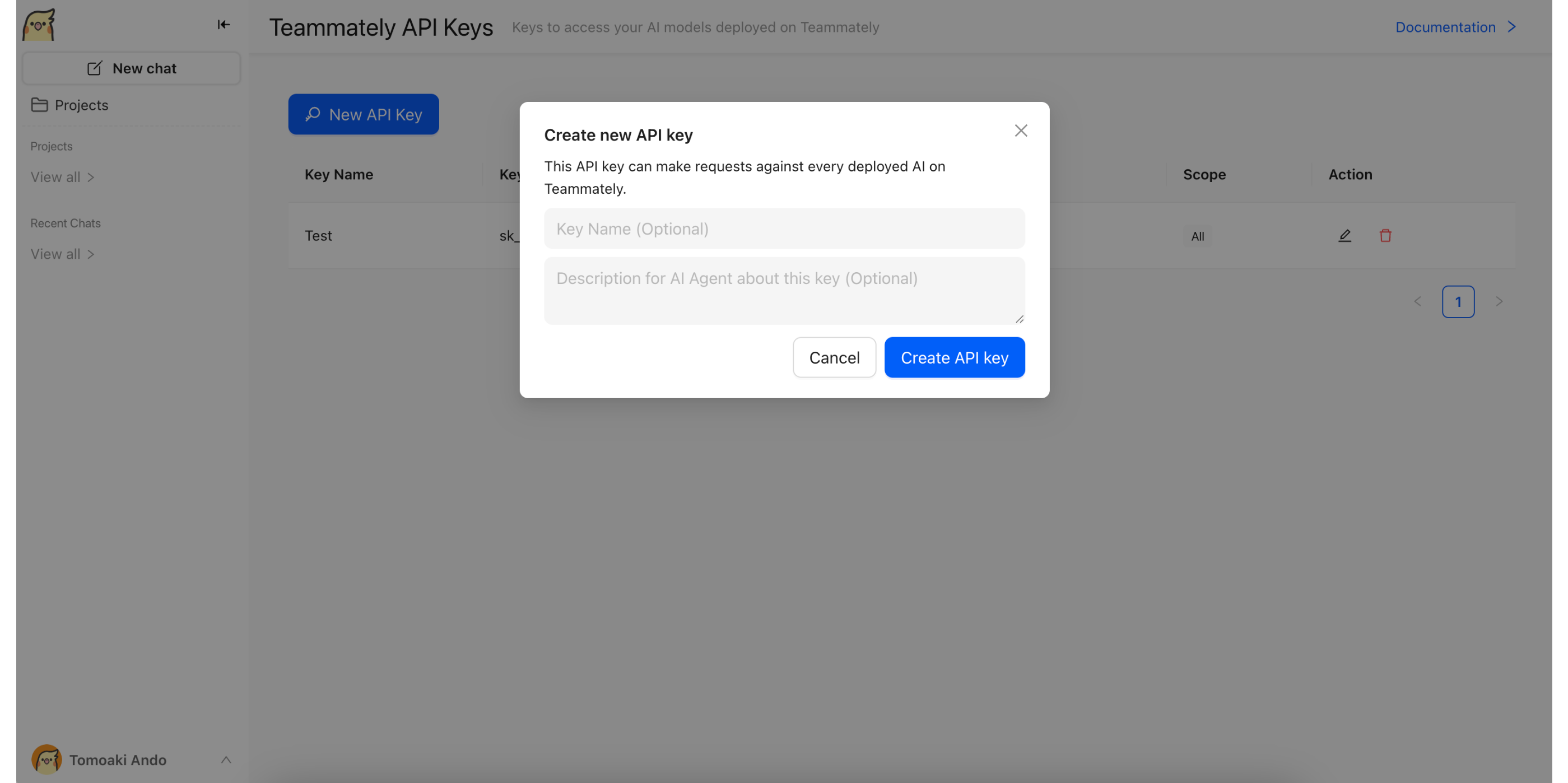 API Key Creation Popup