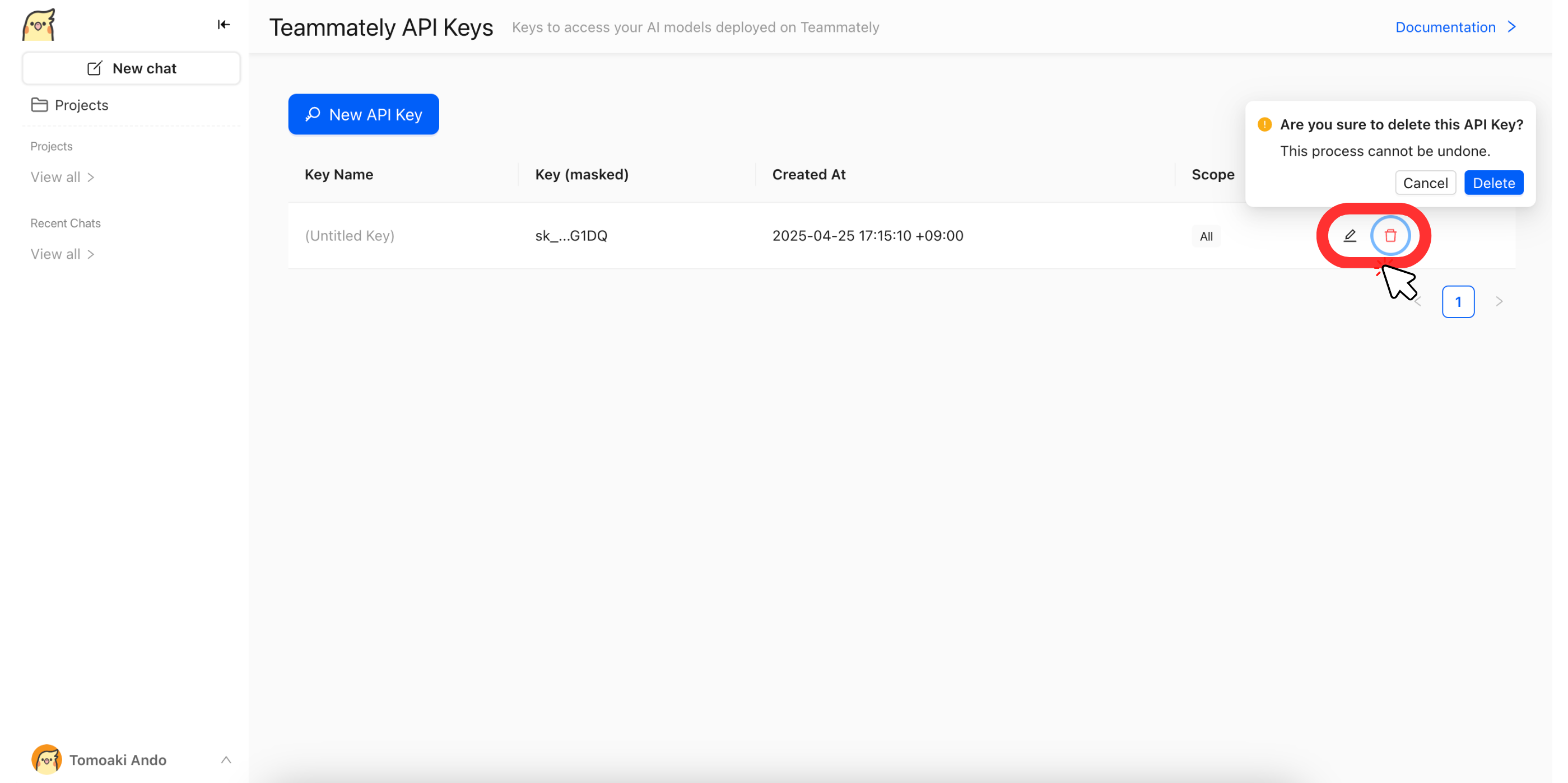 API Key List and Actions