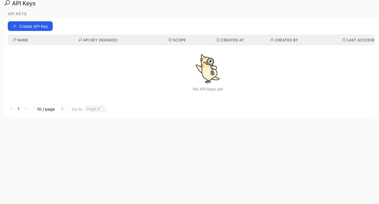 Admin Console API Keys table with create action, masked key column, scope column, and empty-state row.