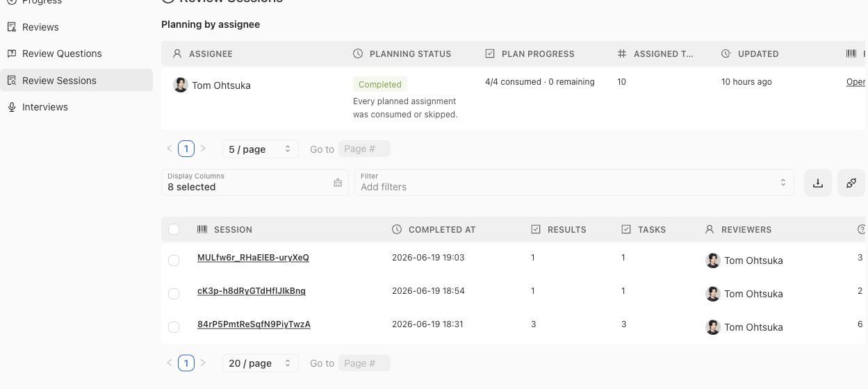 Expert Contribution review-session table showing assignee planning state, completed sessions, result counts, task counts, and reviewers.