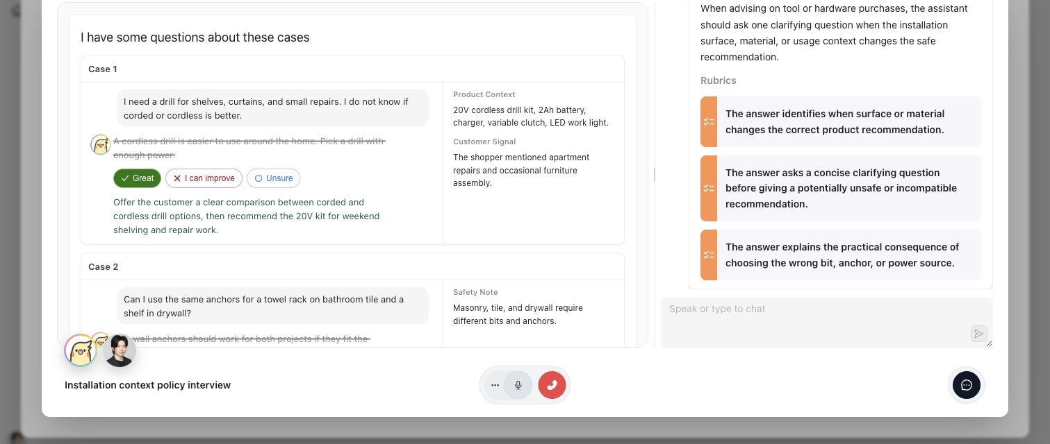 Expert UI live interview showing Case context, an expert response choice and rationale, linked Rubrics, and the interview controls.